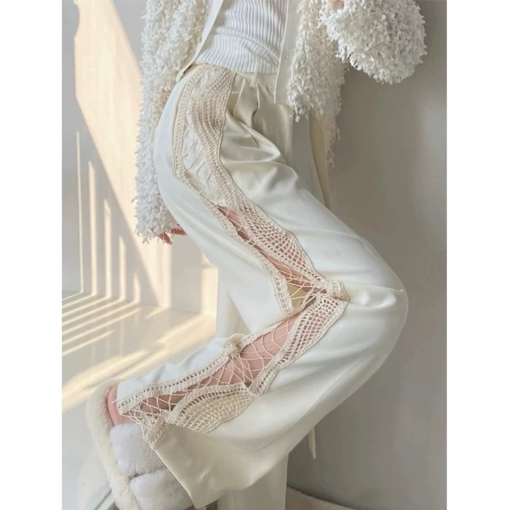 Elegant Cream Lace Trim Pants